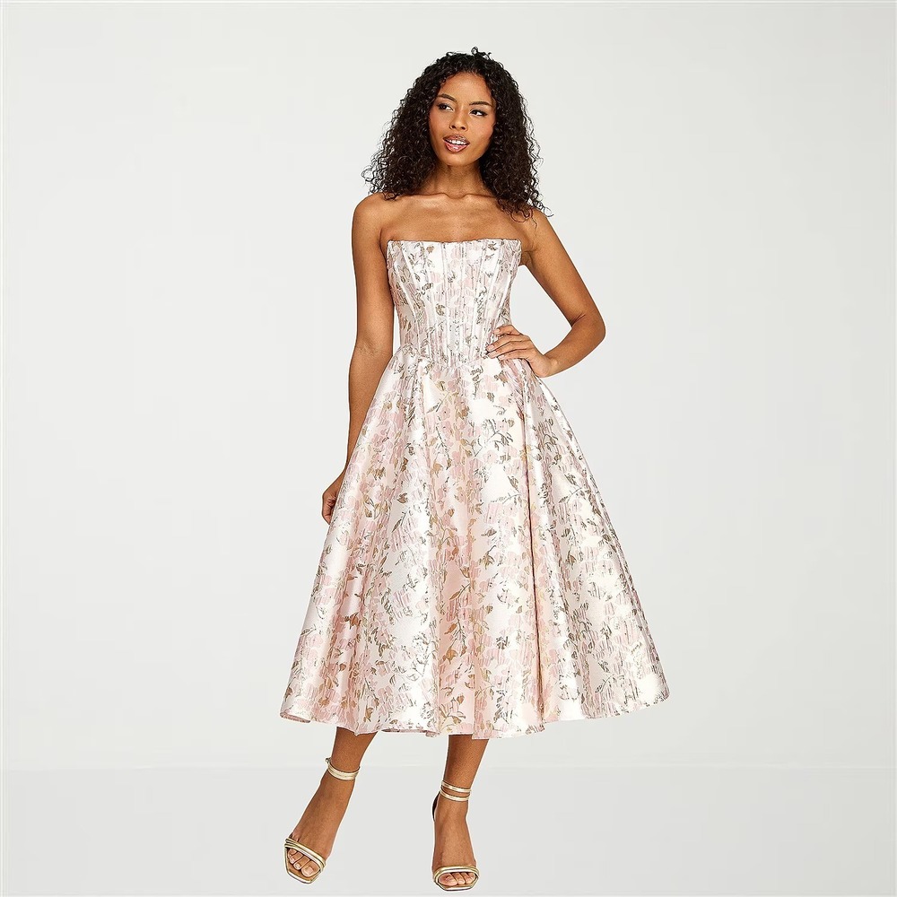 MSRP $150 Premier Amour Womens 12 Pink Gold Strapless Floral Midi Dress